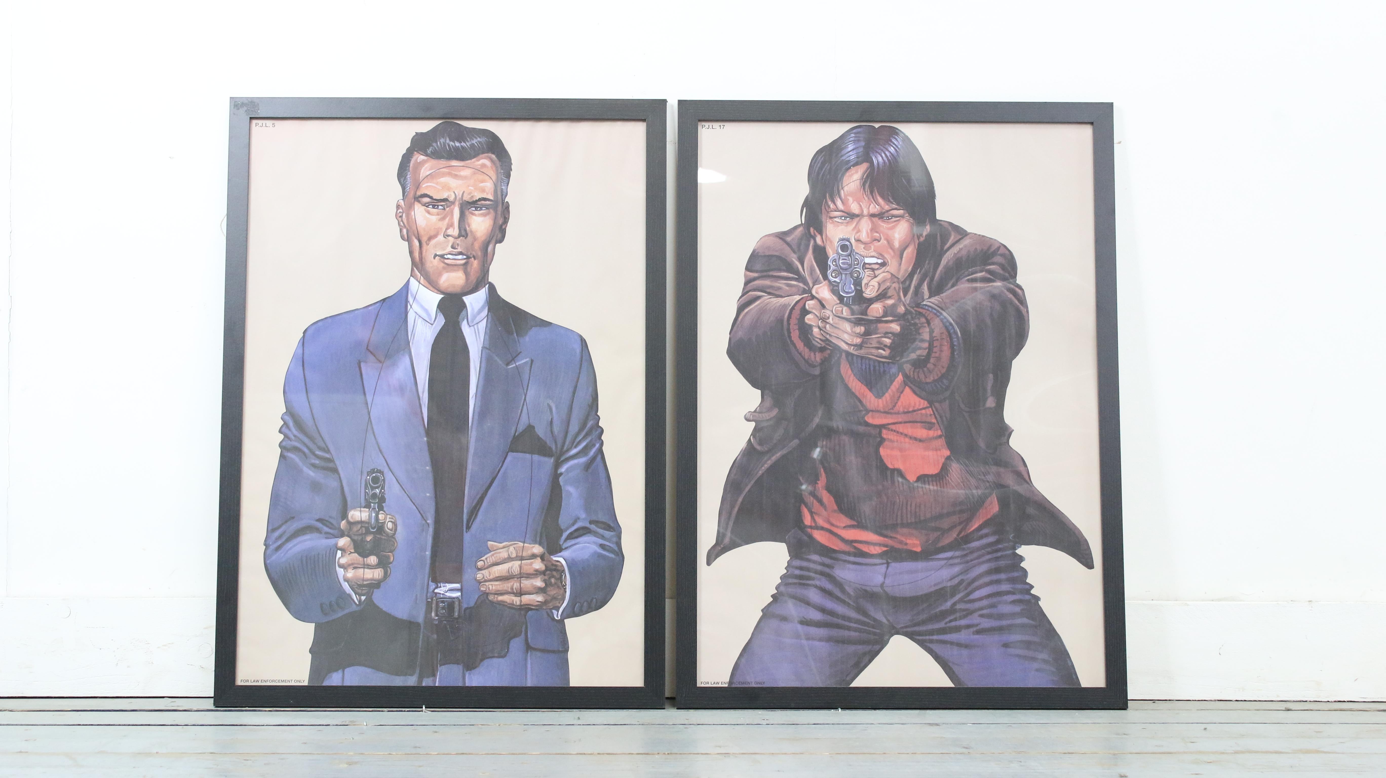 Shooting Target Posters

Price for two framed black wood shooting target posters drawn by the Belgian cartoonist Malik.

He was commissioned to create realistic dangerous situations, and the Belgian, American and French police used them.

Look to be