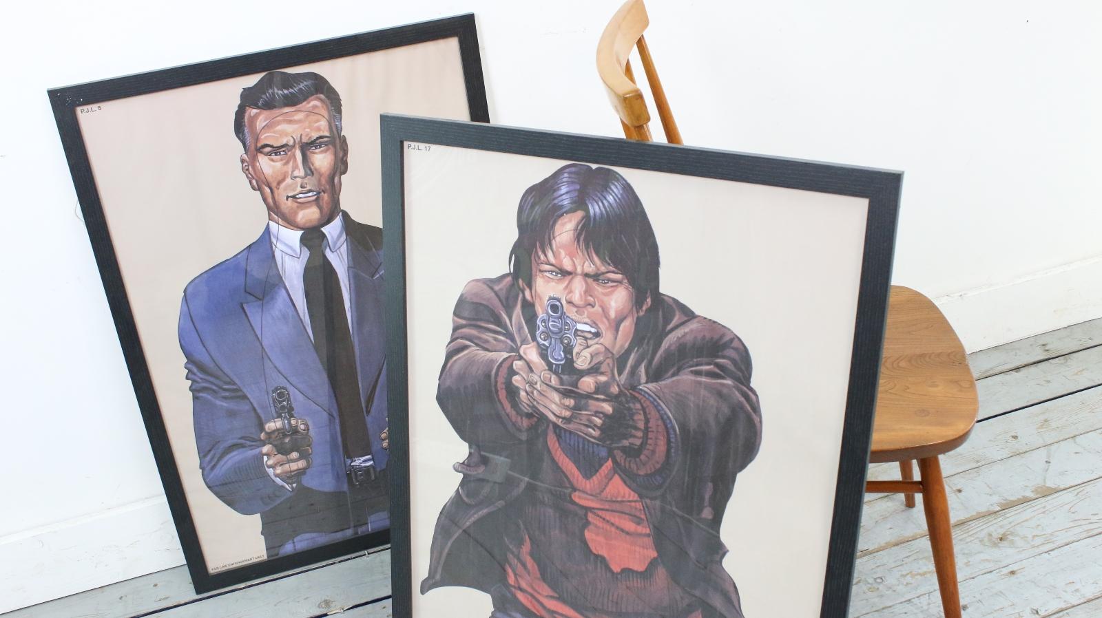 Two Framed Police Shooting Target Gun Range Posters by Malik For Sale 1