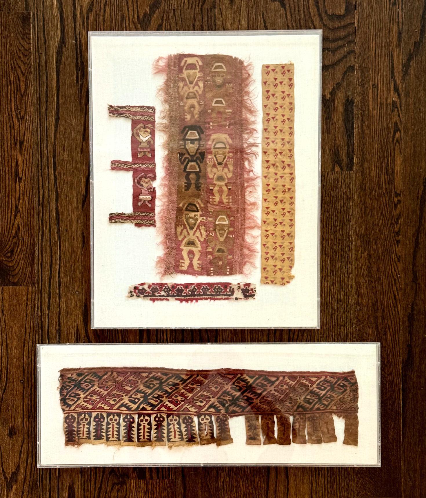 A collection of two framed Pre-Columbian textile fragments from Chancay and Chimu culture circa 10th-15th century, which thrived in the Northern and Central coast of nowadays Peru until they were conquered by Inca Empire. One frame consists of four