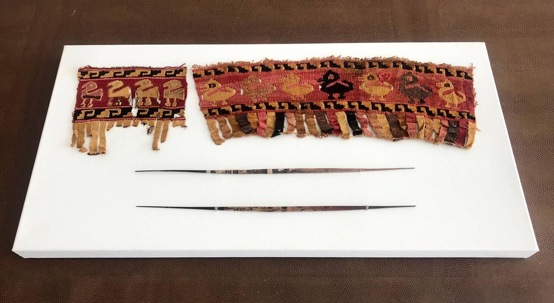 Peruvian Two Framed Pre-Columbian Textile and Tools For Sale