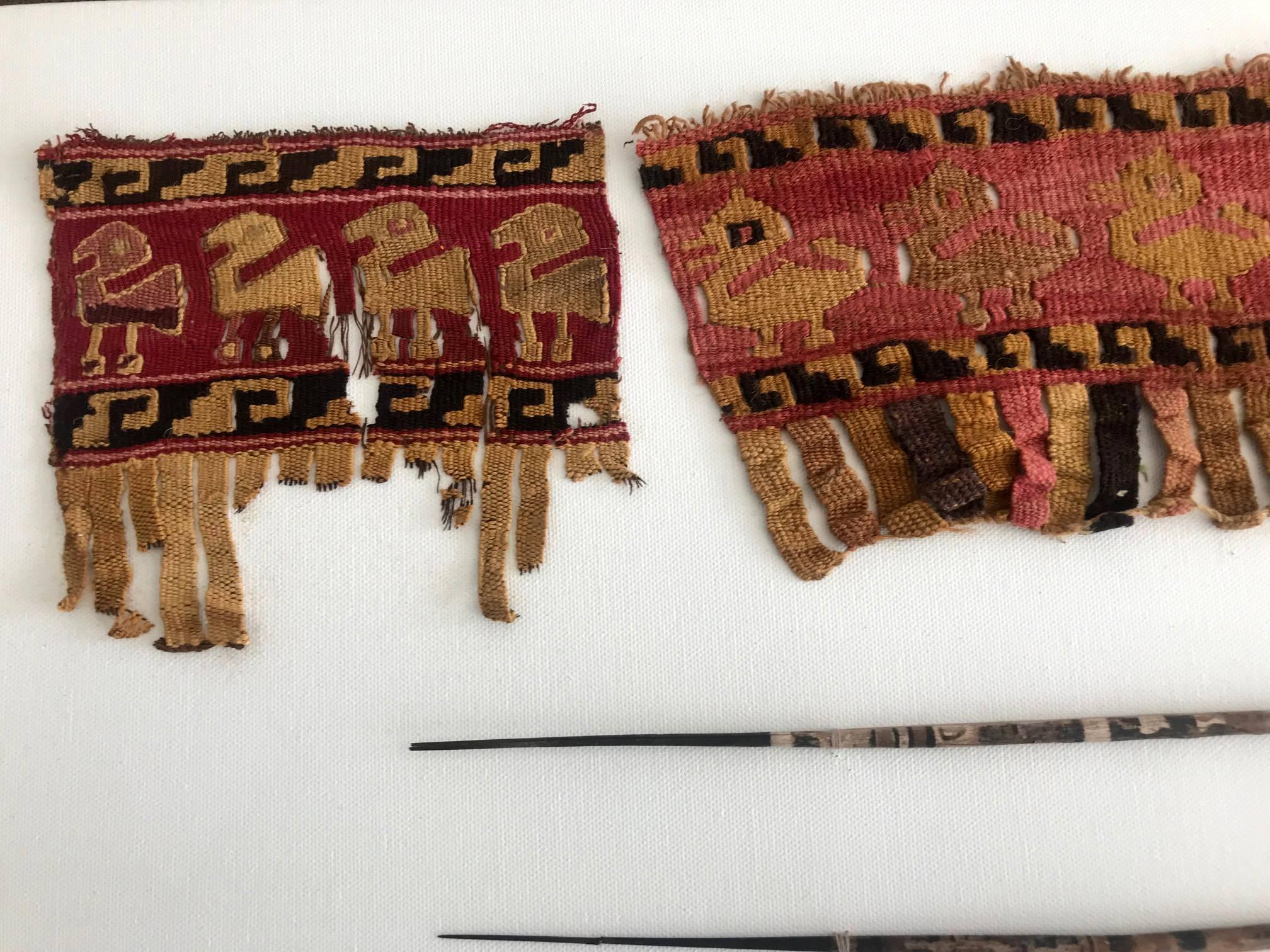 18th Century and Earlier Two Framed Pre-Columbian Textile and Tools For Sale
