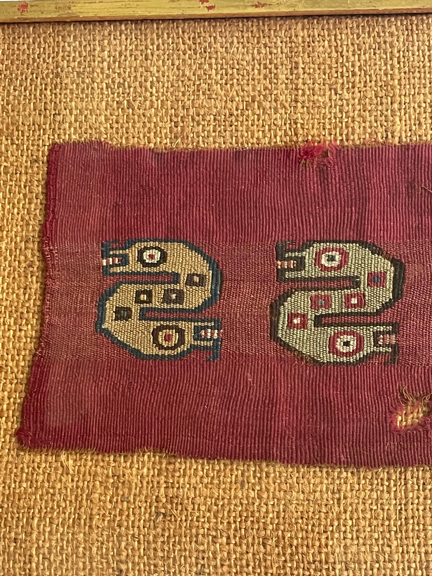 Hand-Woven Two Framed Pre-Columbian Textile Fragment Chancay Culture Peru For Sale