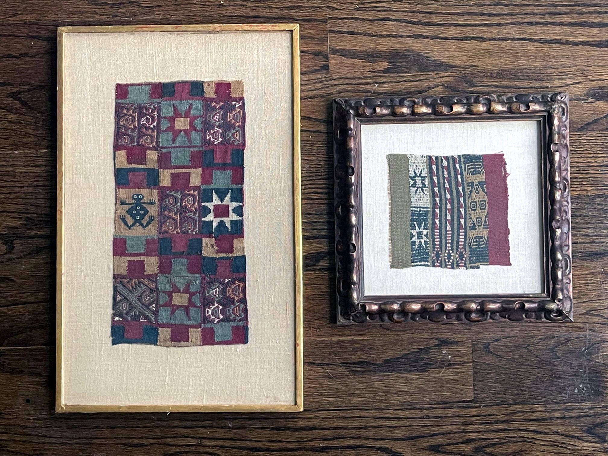 Two pre-Columbian textile fragments presented in wood frames. Handwoven in colored yarn, possibly camelid fibers, these pieces were from Inca period circa 15-16th century. One panel is a classic Inca weave that was likely part of a mantle or cape.