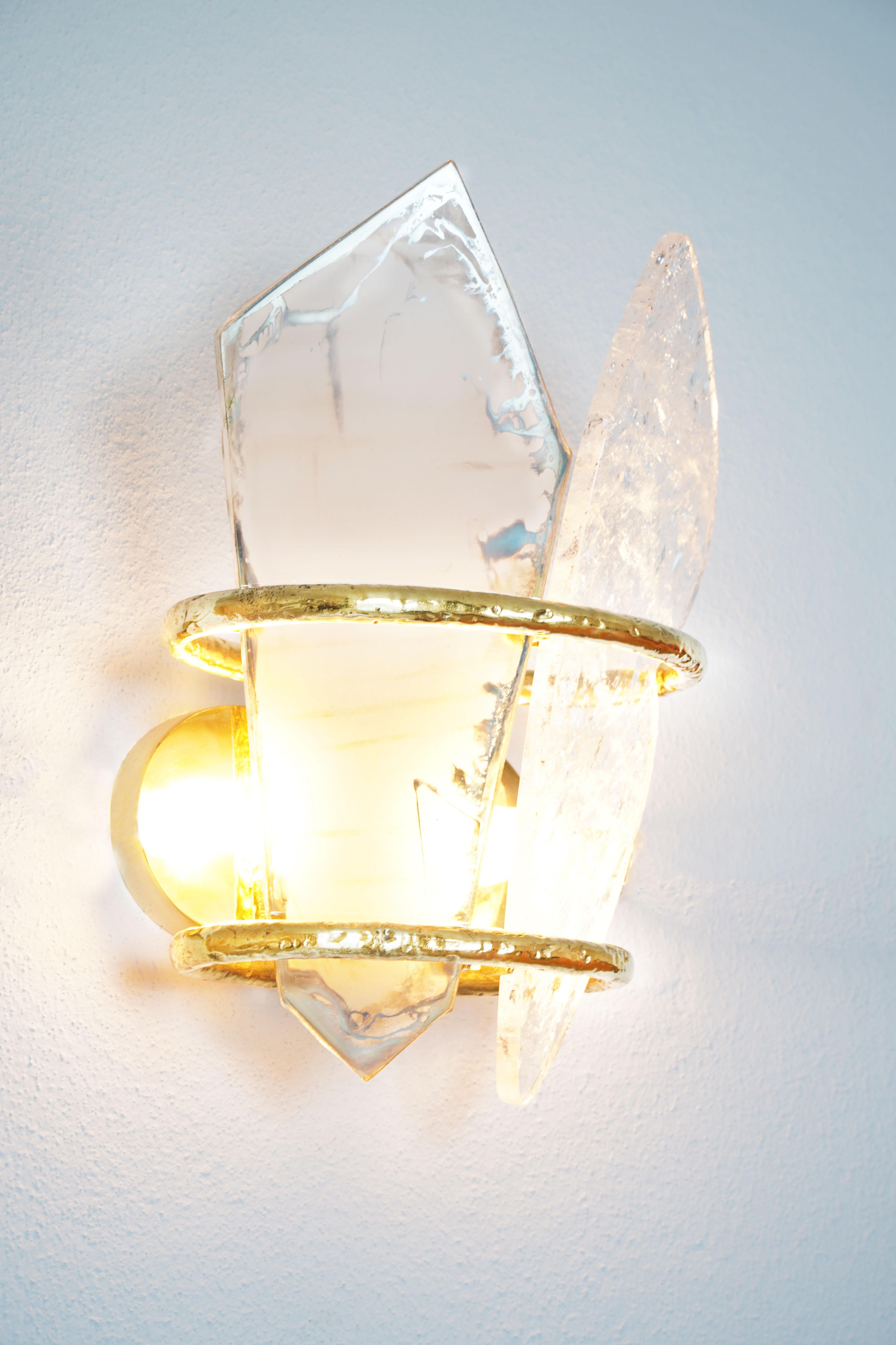 “Two-Free” Contemporary Wall Lamp, Art Silvered Glass Satin, Cast Melted Brass For Sale 2