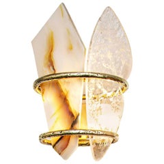 “Two-Free” Contemporary Wall Lamp, Rock Crystal, Onyx Stone, Cast Melted Brass