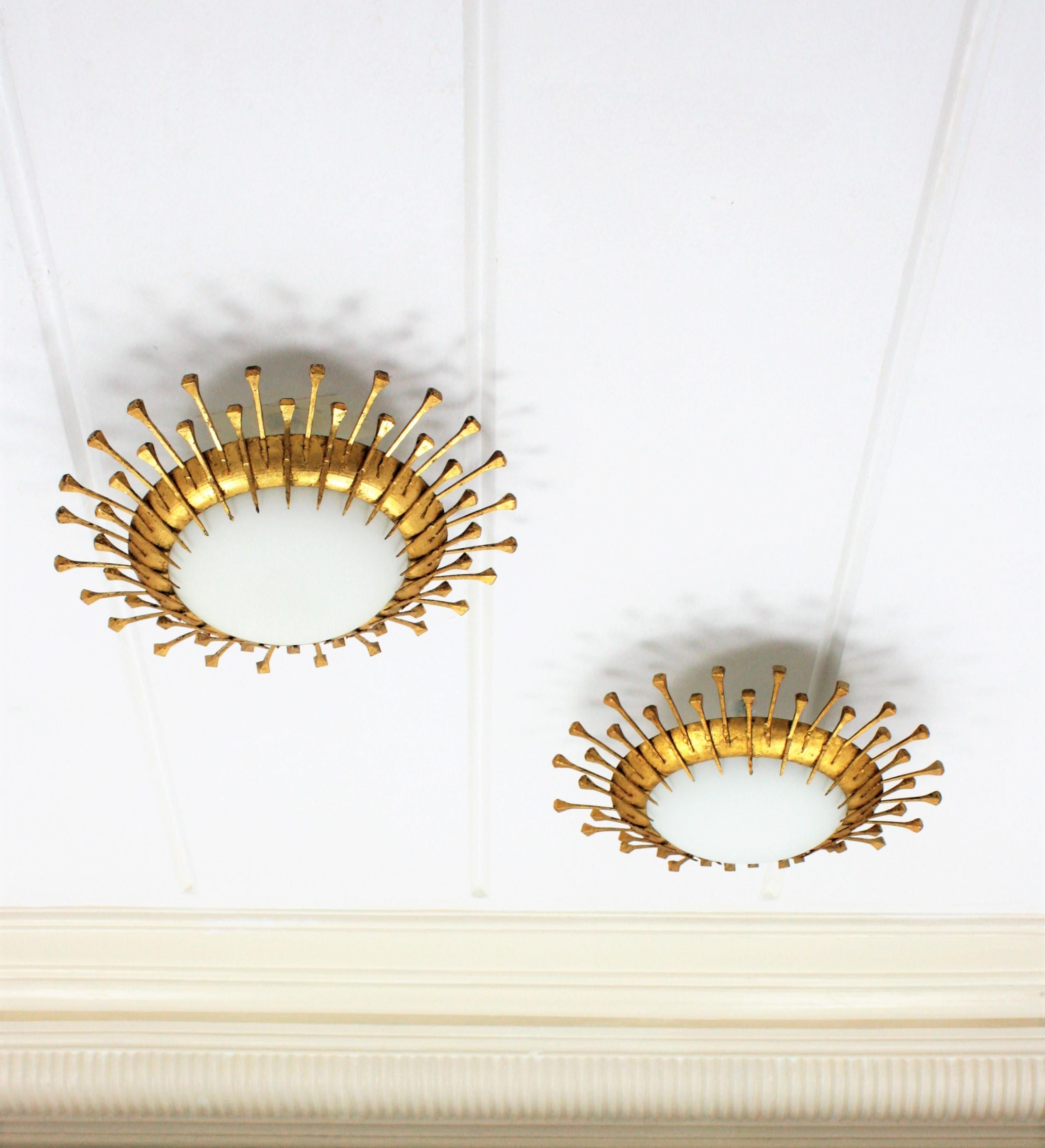 Two French 1940s Gilt Iron Milk Glass Sunburst Light Fixtures with Nails Details 6