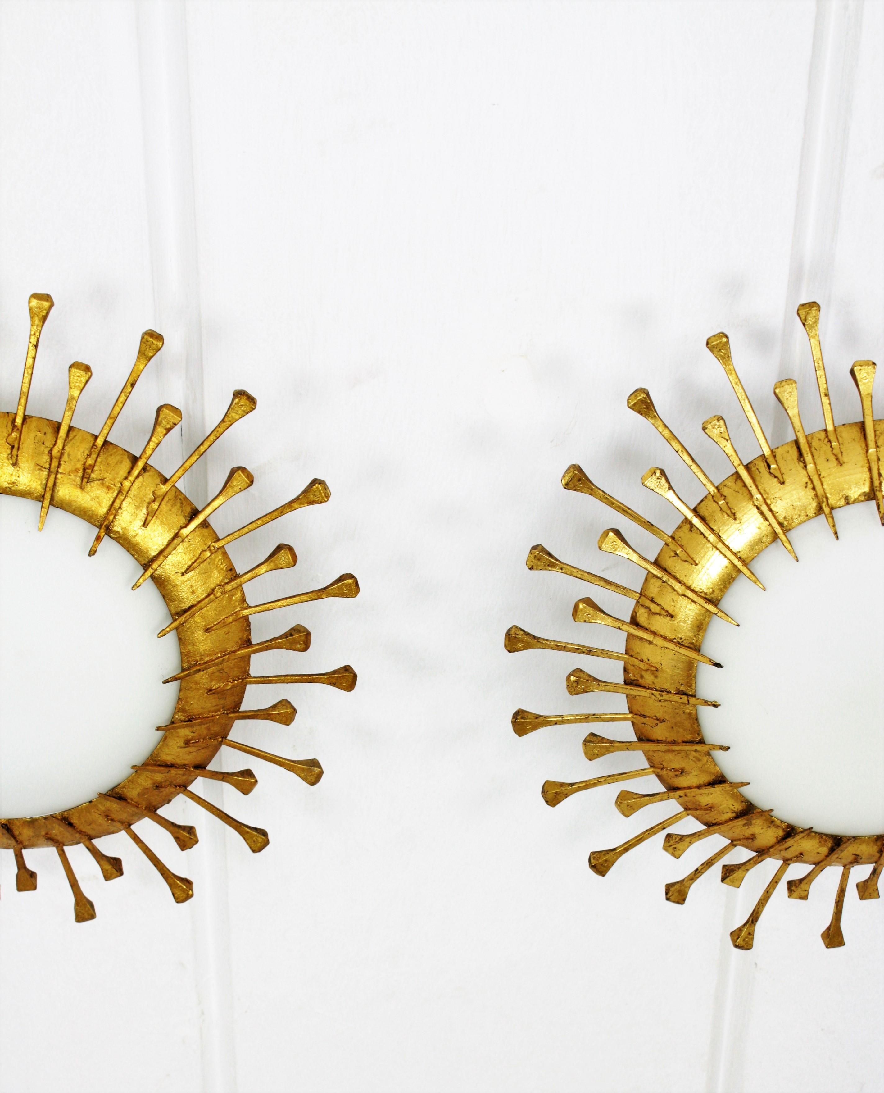 Two French 1940s Gilt Iron Milk Glass Sunburst Light Fixtures with Nails Details 9