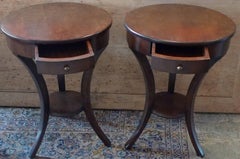 Two French 1970s Walnut Stained Round Side Tables with One Drawer and One Shelf