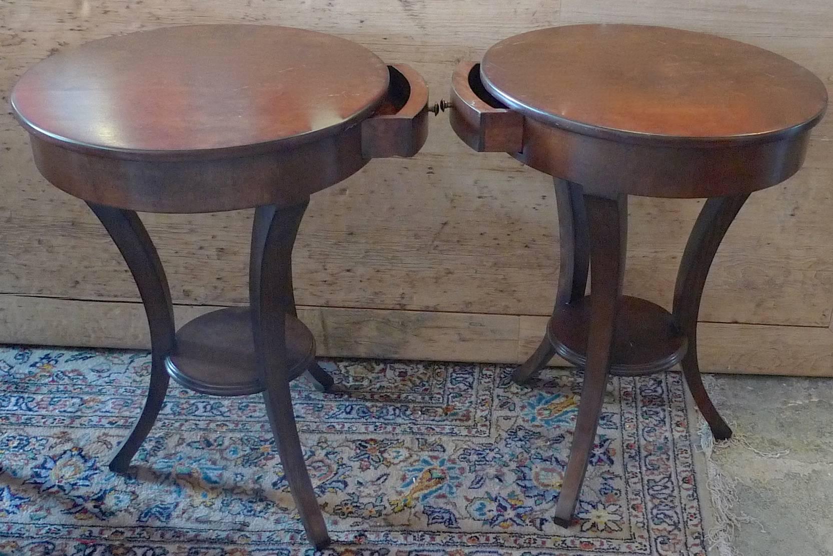 20th Century Two French 1970s Walnut Stained Round Side Tables with One Drawer and One Shelf 