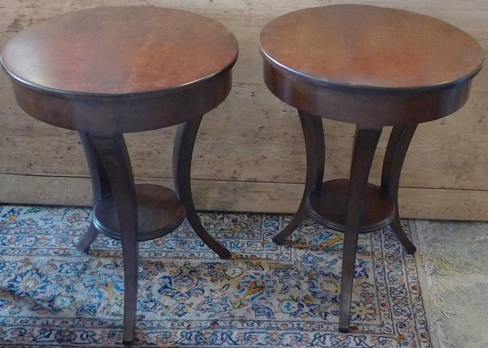 Two French 1970s Walnut Stained Round Side Tables with One Drawer and One Shelf  1