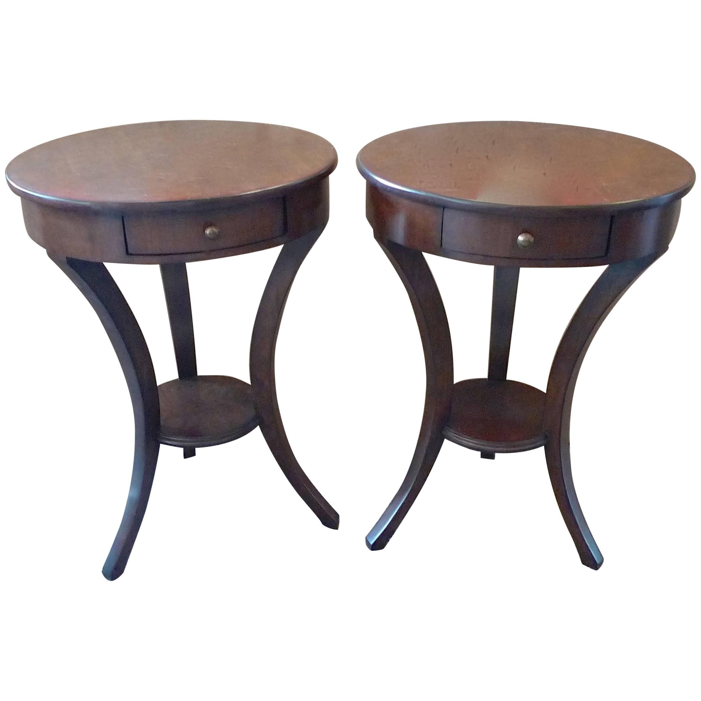 Two French 1970s Walnut Stained Round Side Tables with One Drawer and One Shelf