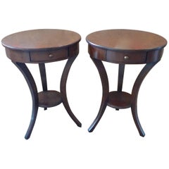 Two French 1970s Walnut Stained Round Side Tables with One Drawer and One Shelf 