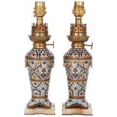 Antique Two French 19th Century Gilt Bronze, Champlevé Enamel and Onyx Table Lamps