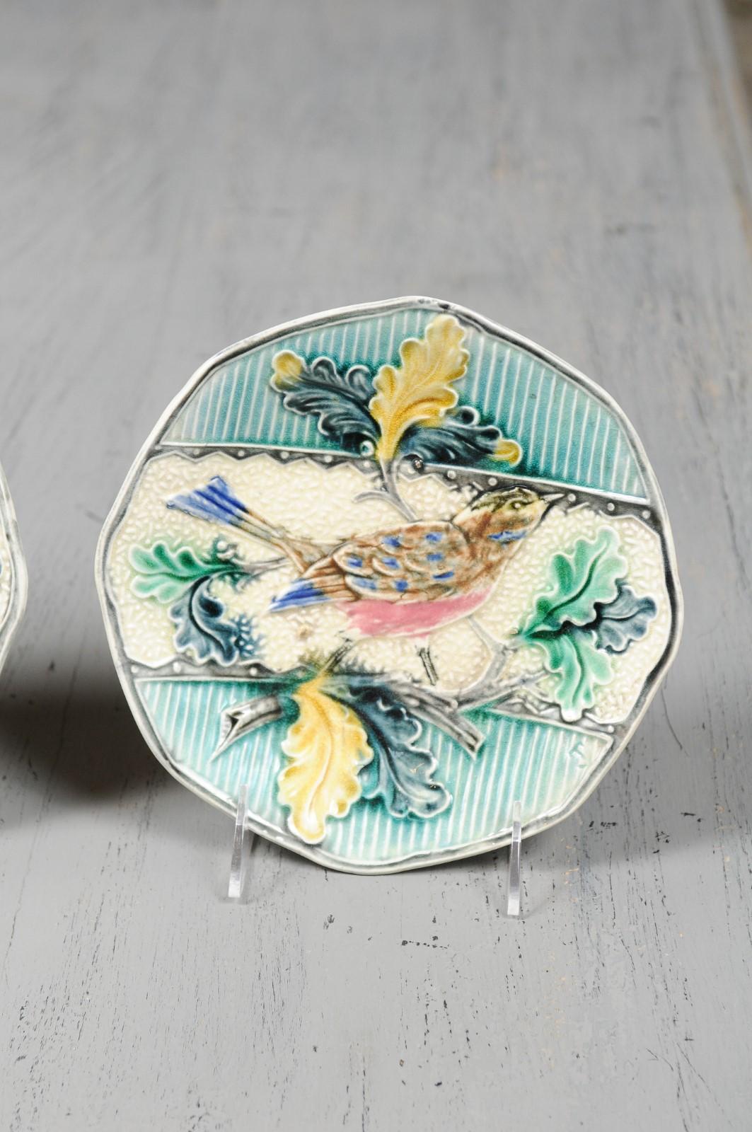 Two French 19th Century Majolica Plates with Bird Perched on Oak Tree Branch 1