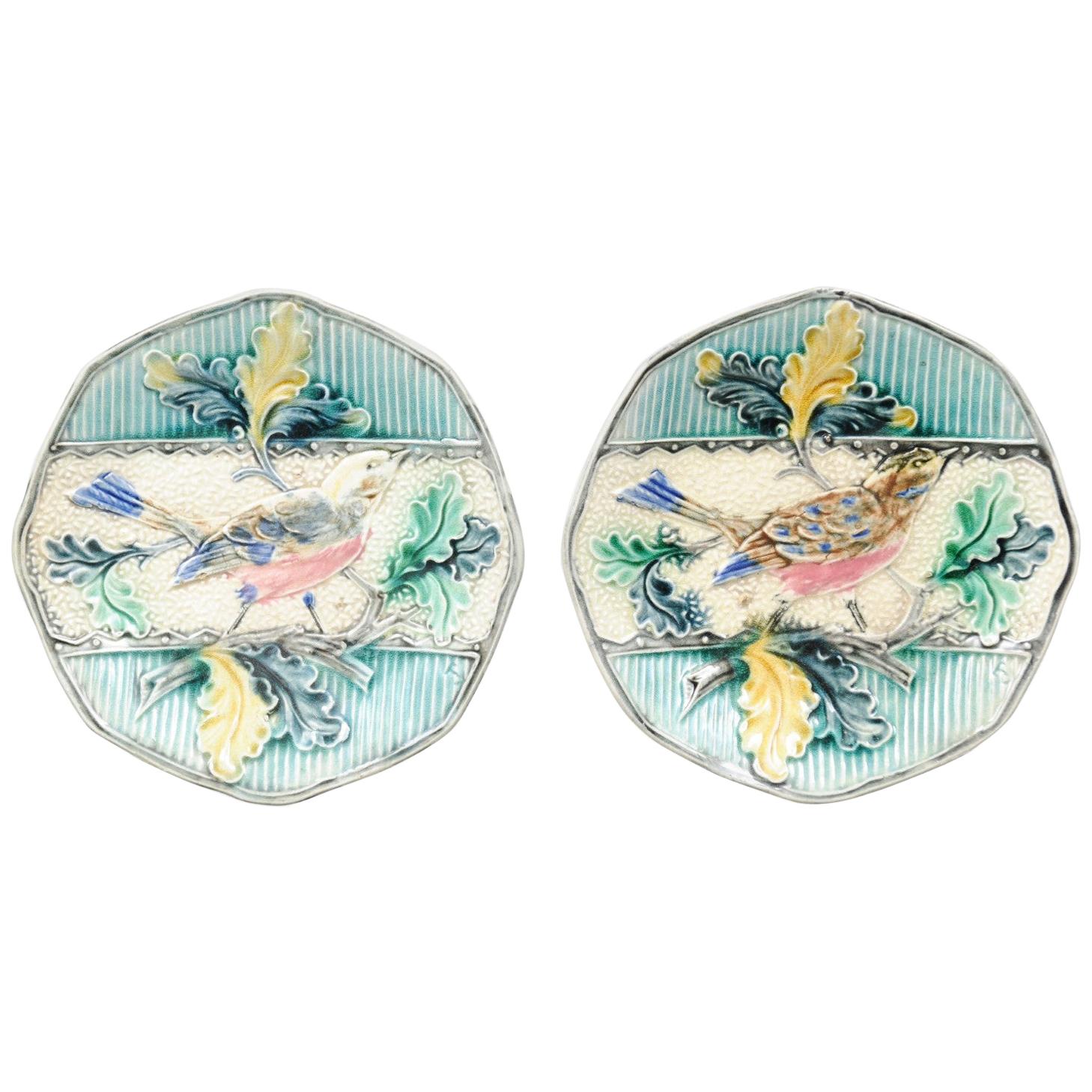 Two French 19th Century Majolica Plates with Bird Perched on Oak Tree Branch