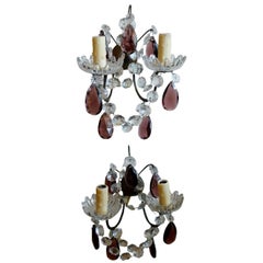 Antique Two French 19th Century Metal with Clear and Colored Crystal Sconces