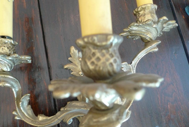 Two French 19th Century Solid Bronze Three-Light Sconces For Sale 4