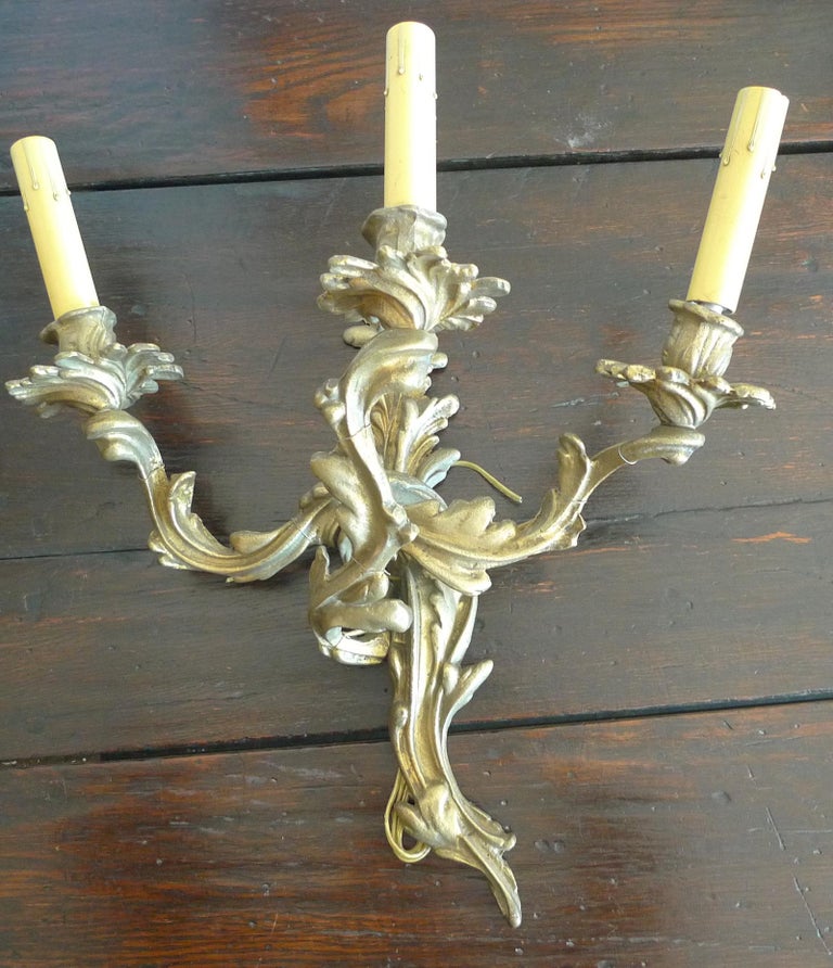 Two French 19th Century Solid Bronze Three-Light Sconces For Sale 6