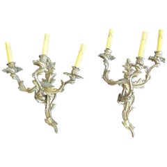 Two French 19th Century Solid Bronze Three-Light Sconces