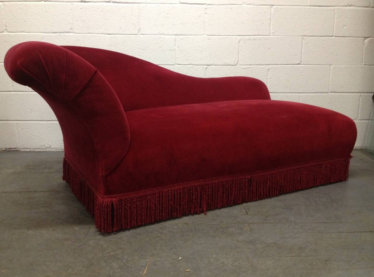 Chaise lounges are velvet with wood legs. Original fabric.
   