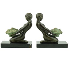 Two French Art Deco Kneeling Women Bookends by Max Le Verrier