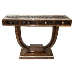Two French Art Deco style Console tables Macassar Wood, Leather, w/Chrome Mount