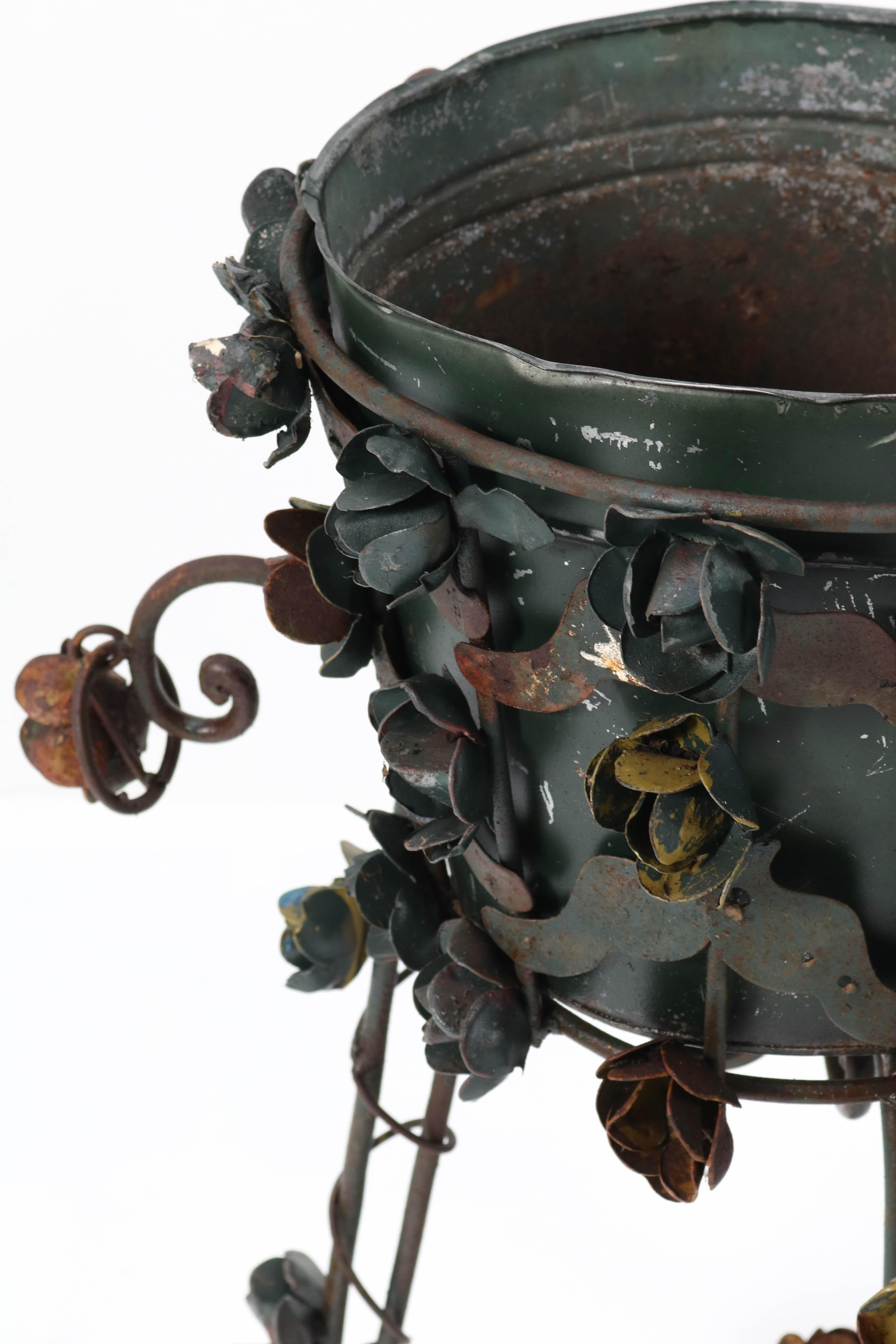 Two French Art Nouveau Style Patinated Iron Jardinières or Plant Stands, 1950s 5