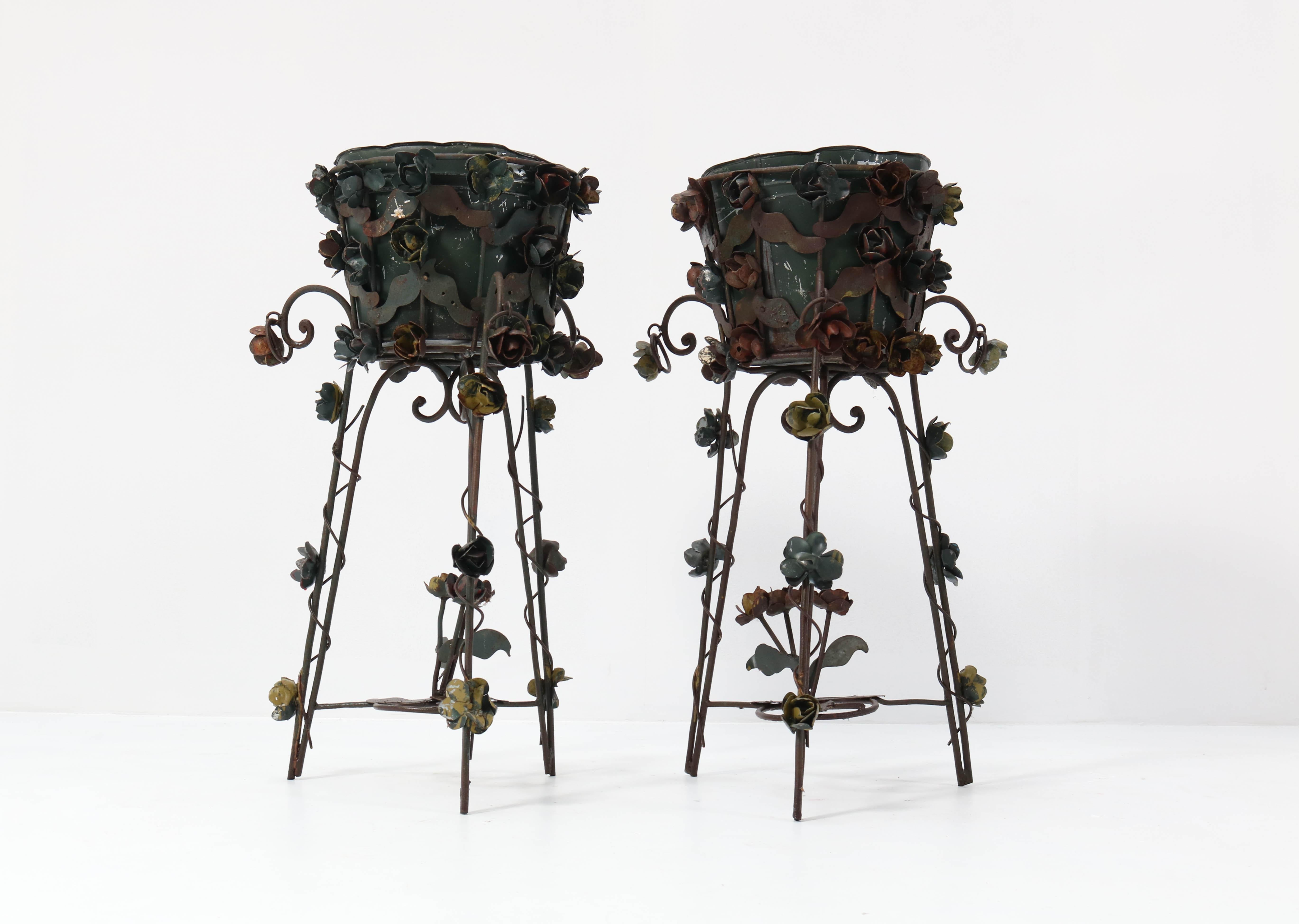 Two French Art Nouveau Style Patinated Iron Jardinières or Plant Stands, 1950s In Good Condition In Amsterdam, NL