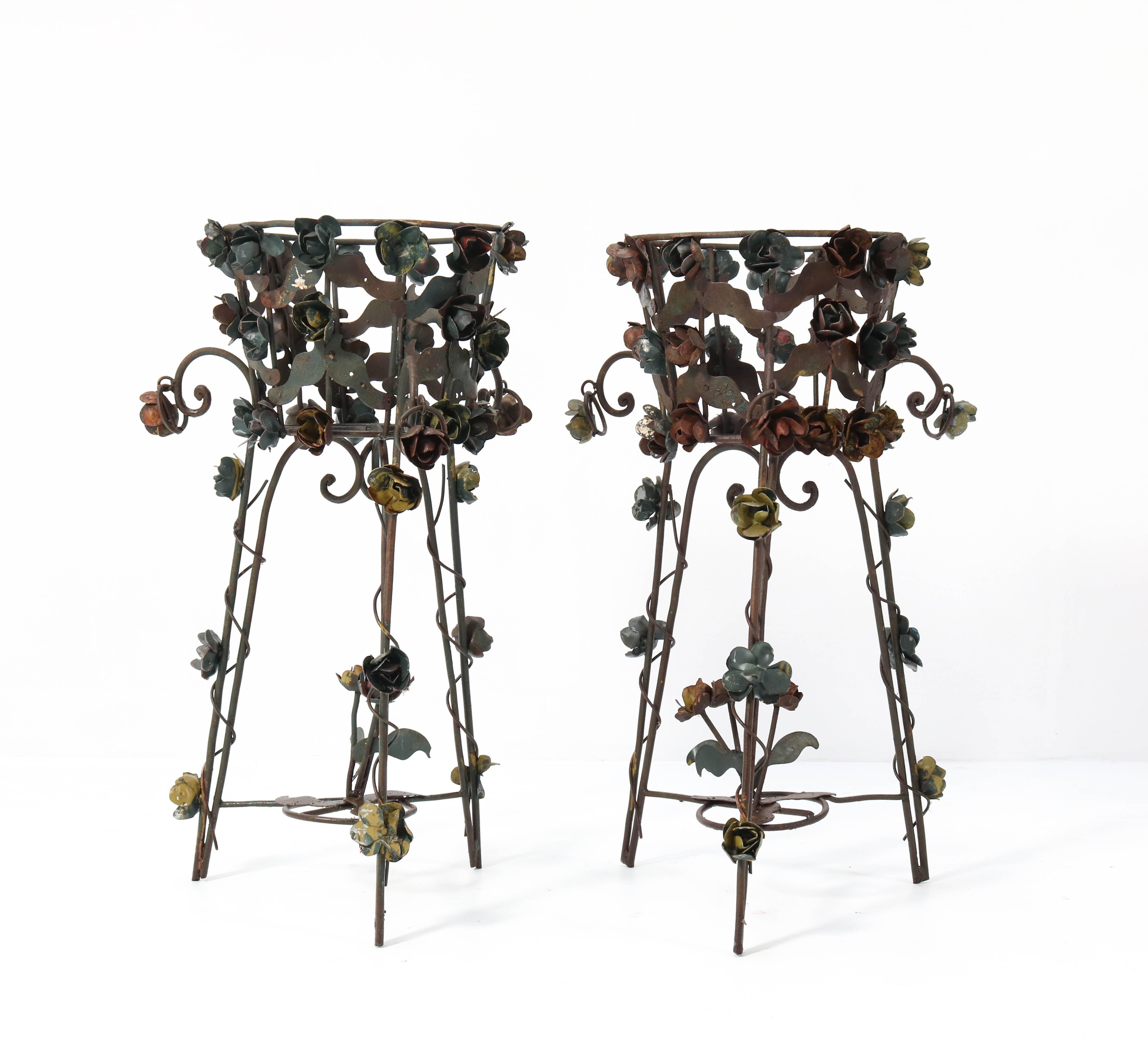 Mid-20th Century Two French Art Nouveau Style Patinated Iron Jardinières or Plant Stands, 1950s