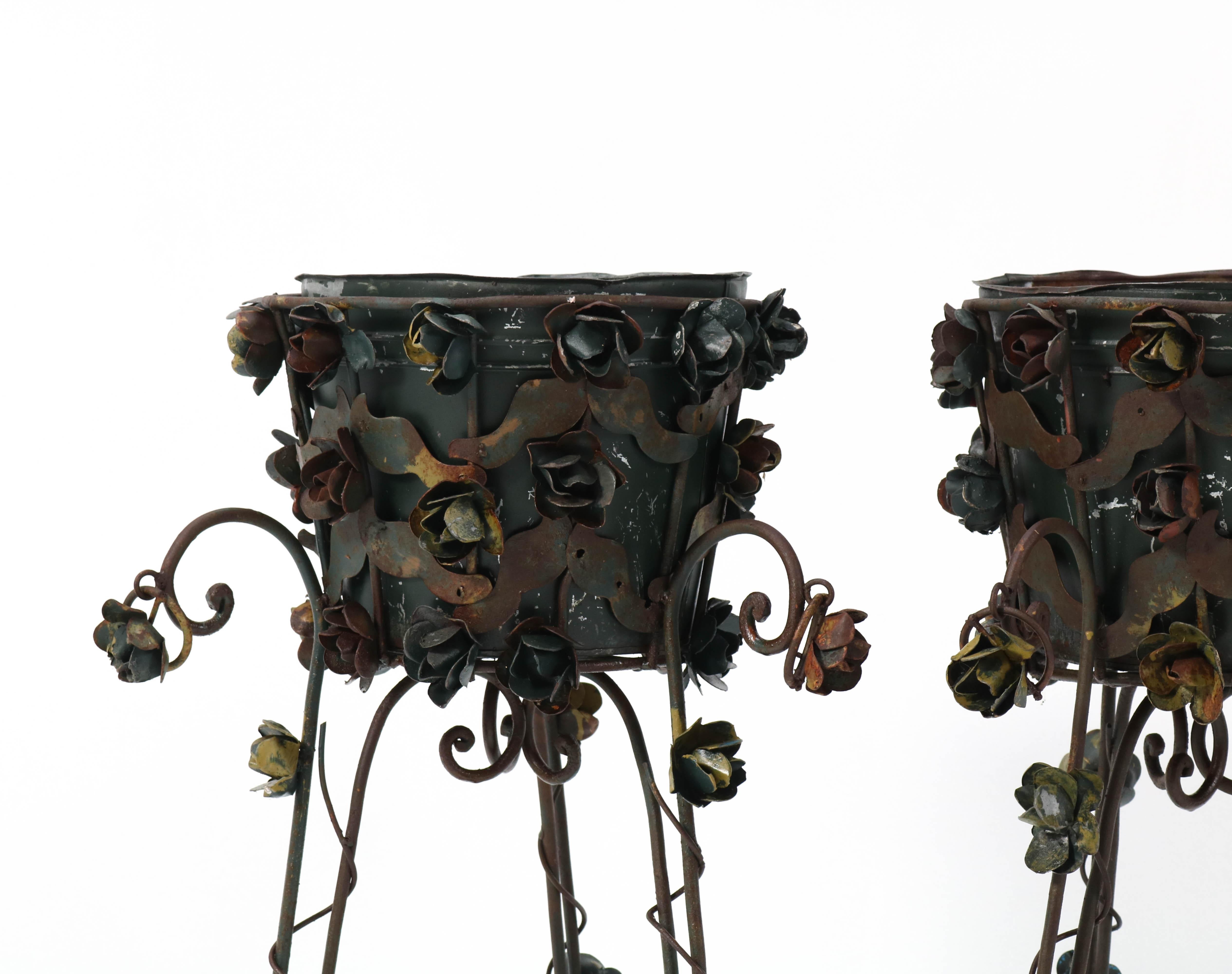 Two French Art Nouveau Style Patinated Iron Jardinières or Plant Stands, 1950s 1