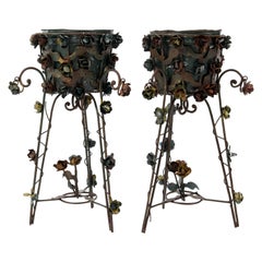 Retro Two French Art Nouveau Style Patinated Iron Jardinières or Plant Stands, 1950s