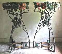 Two French Art Nouveau Belle Epoque Wrought Iron Botanical Fantasy Planters