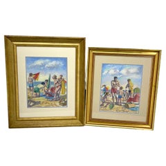 Two French Beach Scenes Oil on Paper D Bouleau Artwork