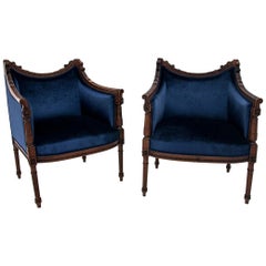 Two French Blue Bergere Chairs, Restored