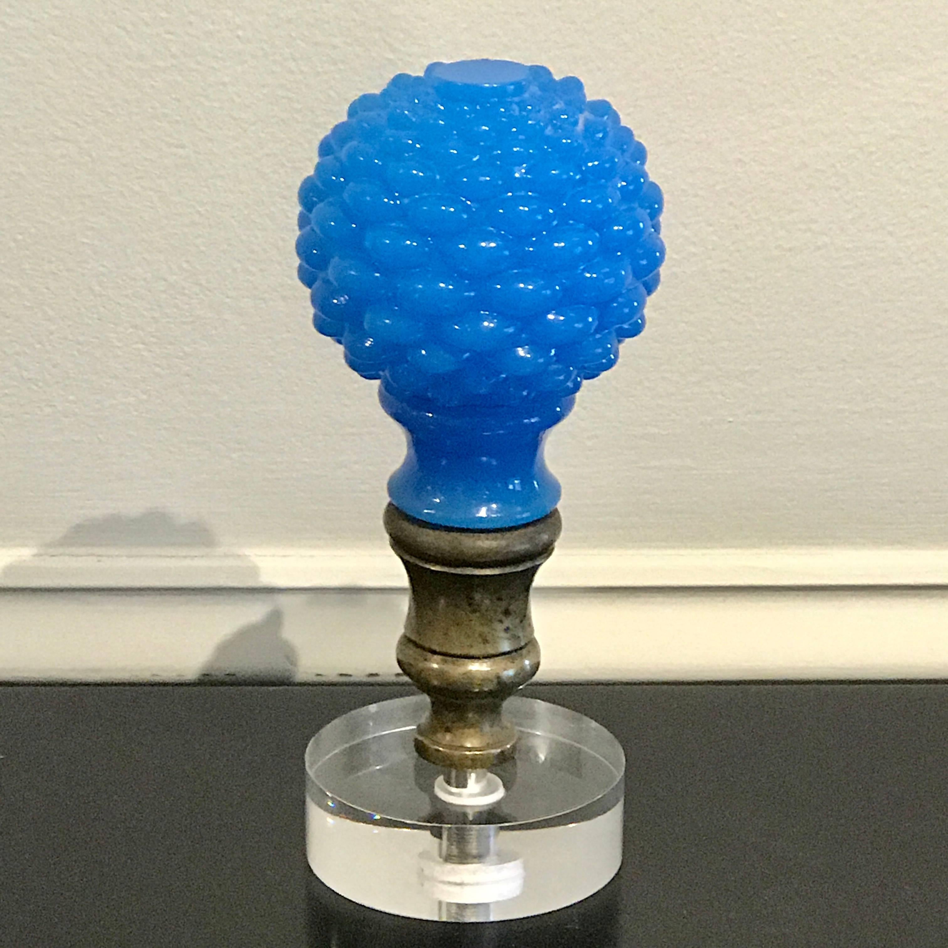 19th Century Two French Blue Opaline Newel Post or “Boule Escalier” For Sale
