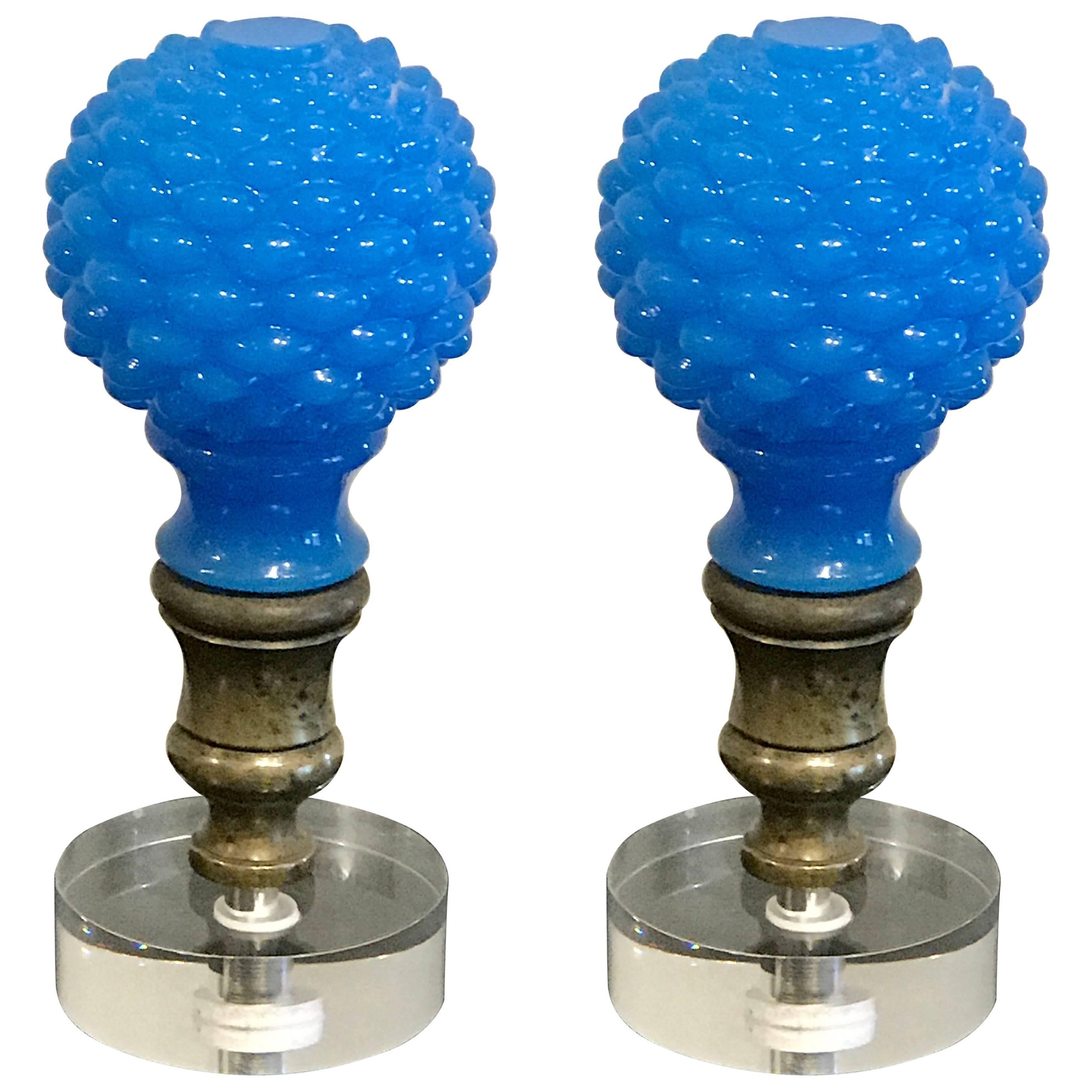 Two French Blue Opaline Newel Post or “Boule Escalier” For Sale