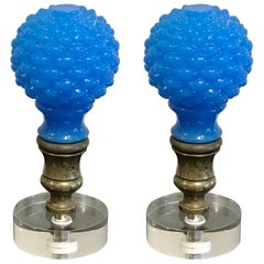 Two French Blue Opaline Newel Post or “Boule Escalier”