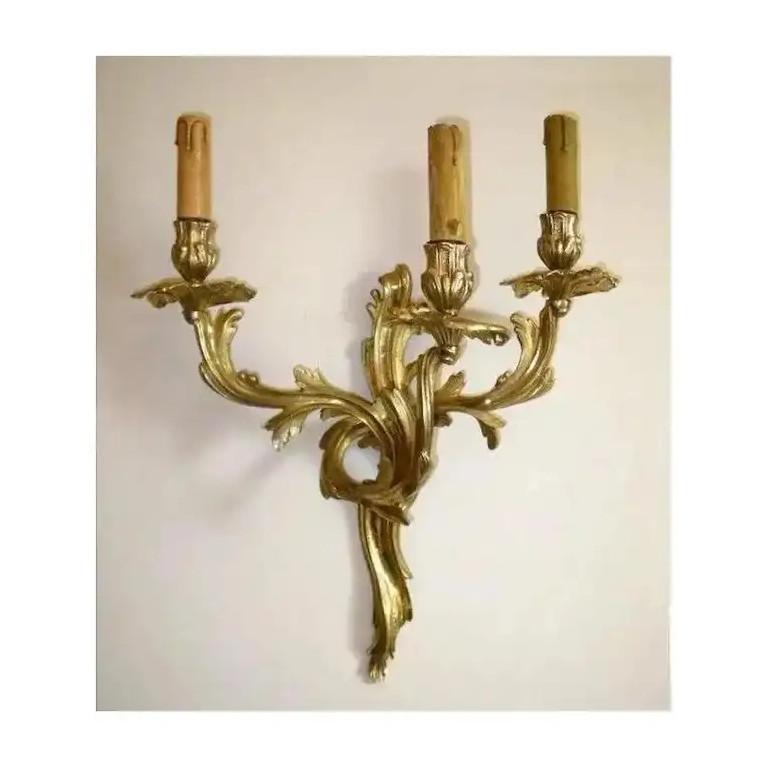 Rococo Two French Bronze Wall Lights, Gilded with Gold Leaf, Early 1900 For Sale
