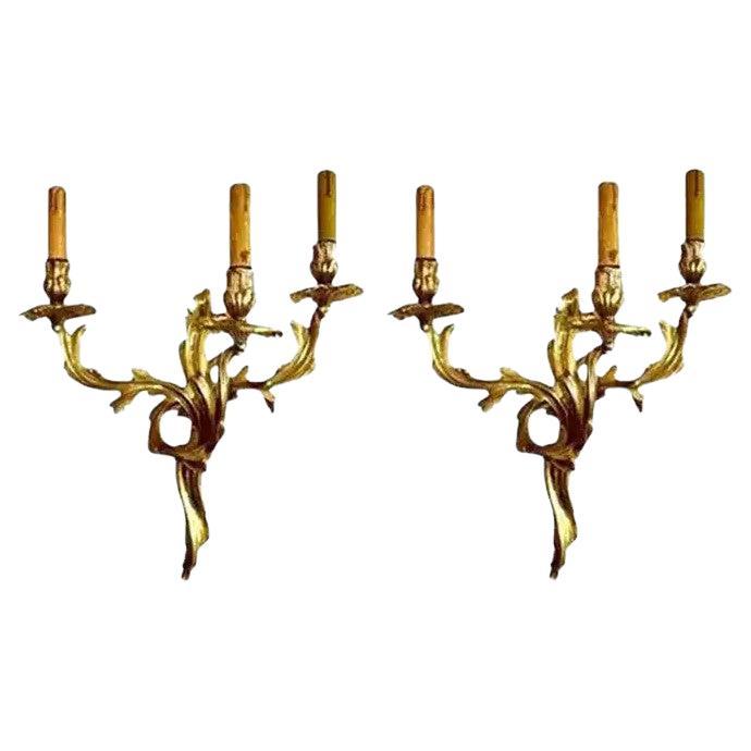 Two French Bronze Wall Lights, Gilded with Gold Leaf, Early 1900