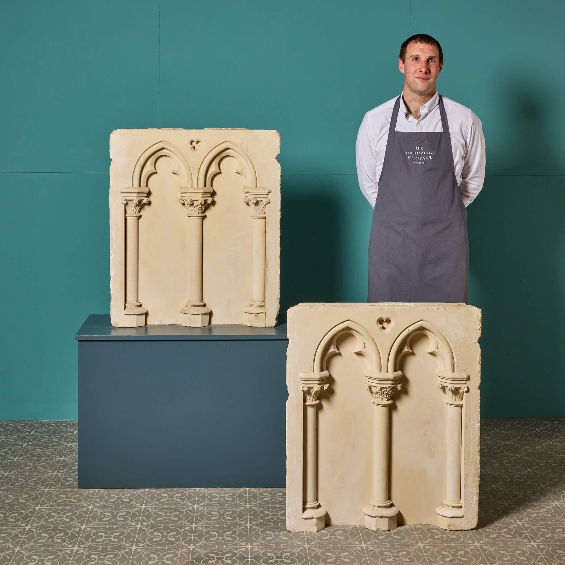 An excellent pair of mid 19th century French Caen stone architectural scaled models reputedly from a church destroyed in WWII. With their beautiful cream tone and crisp quality, these carved limestone fragments are reminiscent of blind arcades found