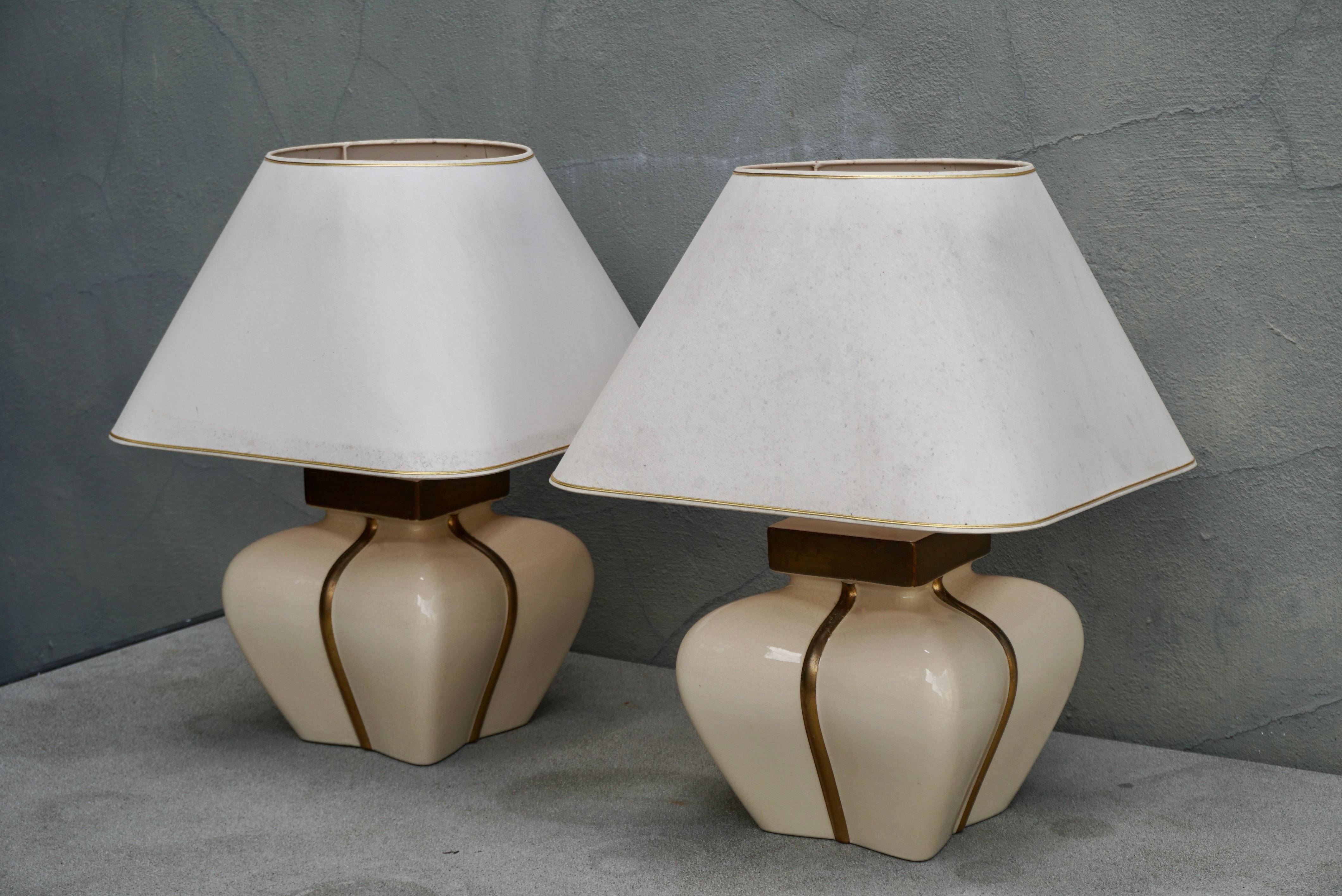 Hollywood Regency Two French Ceramic Lamps by Le Dauphin For Sale