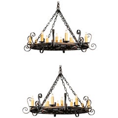 Two French Circular 12-Light Iron Chandeliers with S-Scrolls from the 1890s