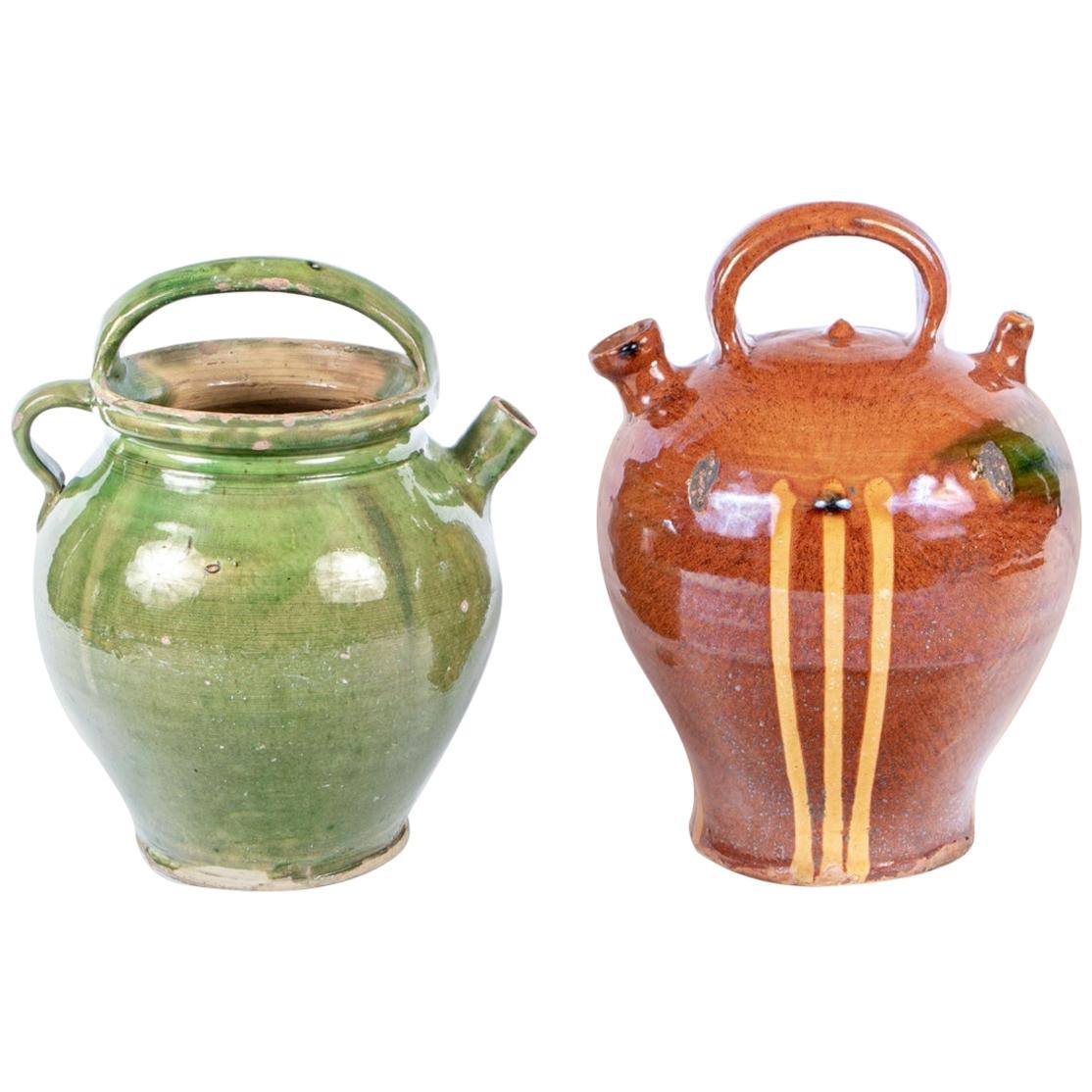 Two French Glazed Pots in Confit Pot Form