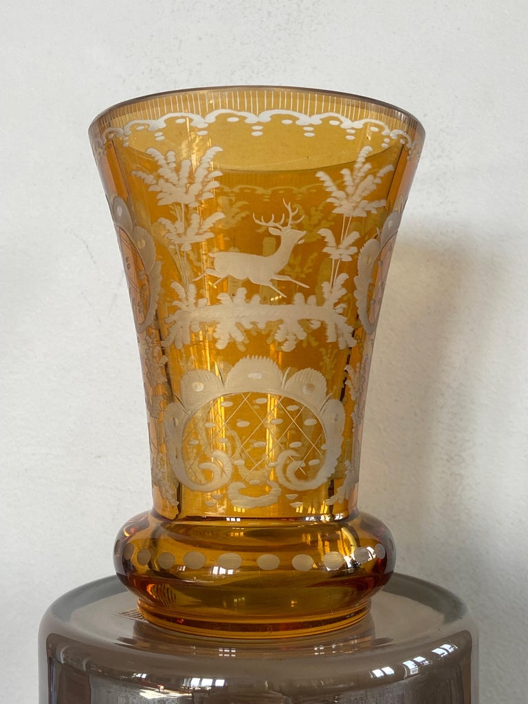 Two French Hand Blown and Hand Engraved Yellow Crystal Vases For Sale at 1stDibs