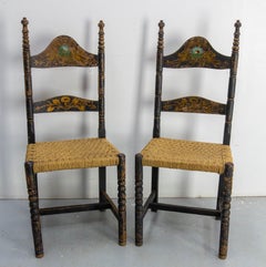 Dos Sillas Auxiliares Francesas Pintadas a Mano Asientos de Rústico Estilo Campestre, Siglo XIX