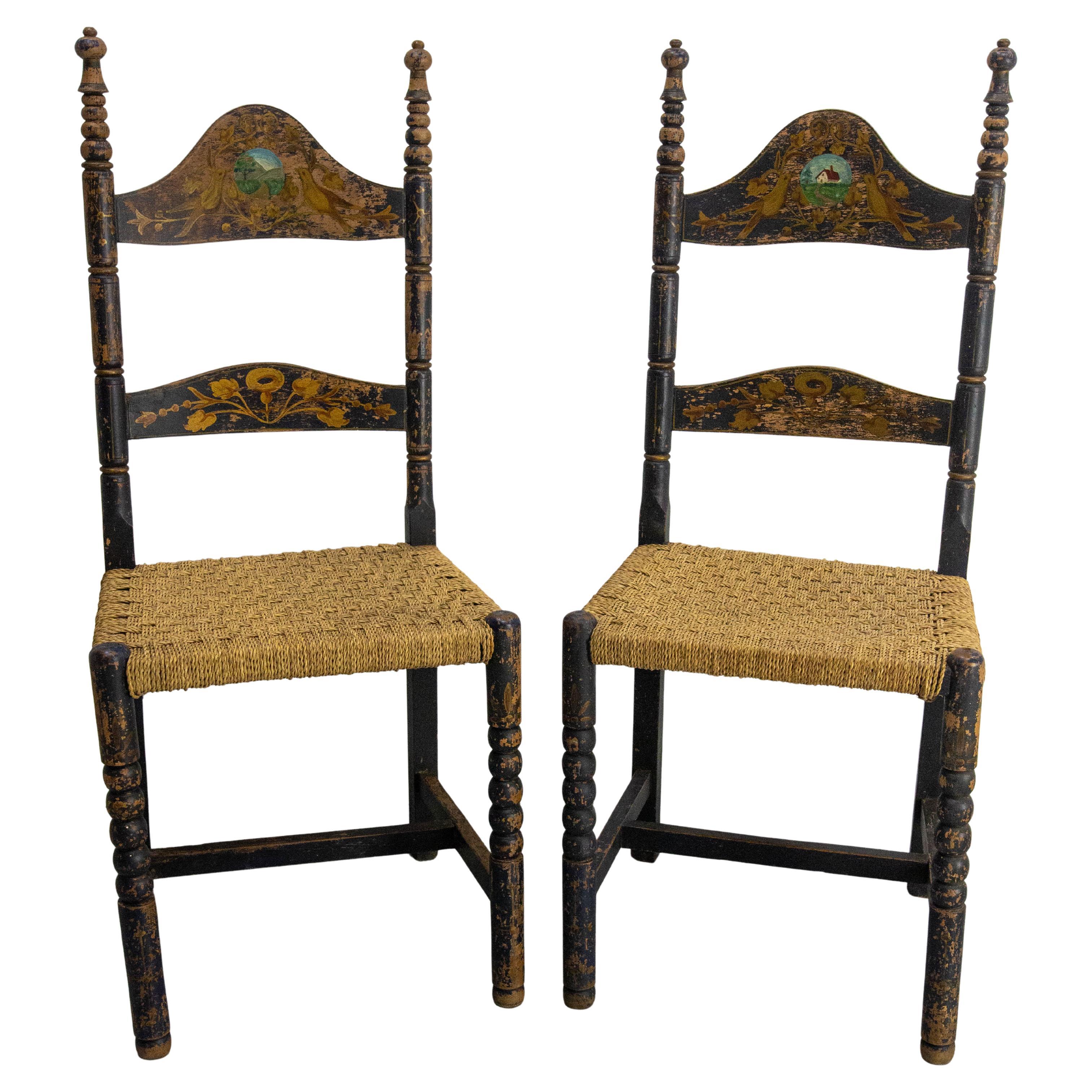 Two French Hand-Painted Side Chairs Rush Seats Country Style, 19th Century