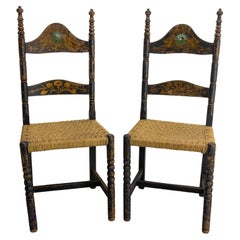 Antique Two French Hand-Painted Side Chairs Rush Seats Country Style, 19th Century