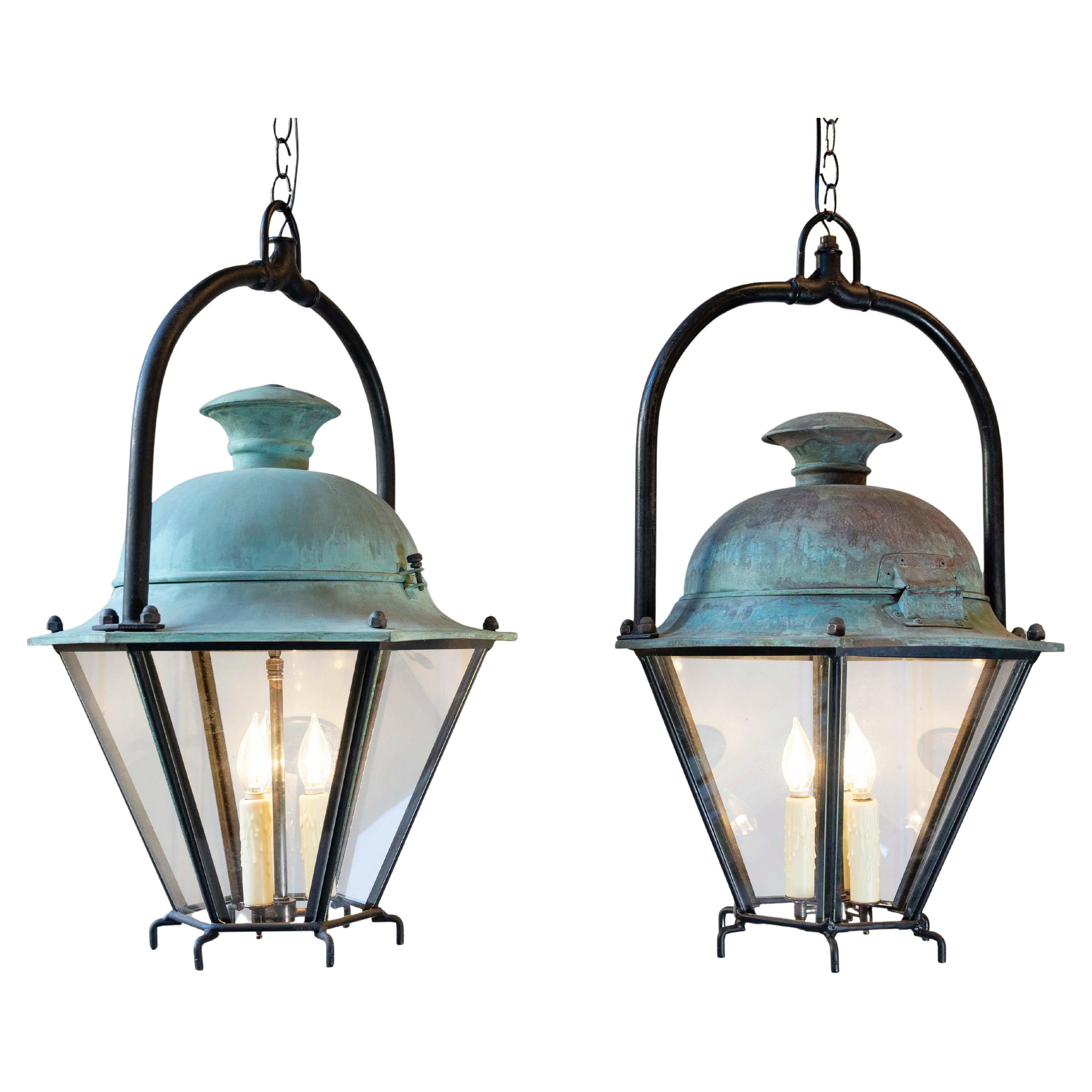 Two French Hexagonal Copper Lantern with Domed Top For Sale