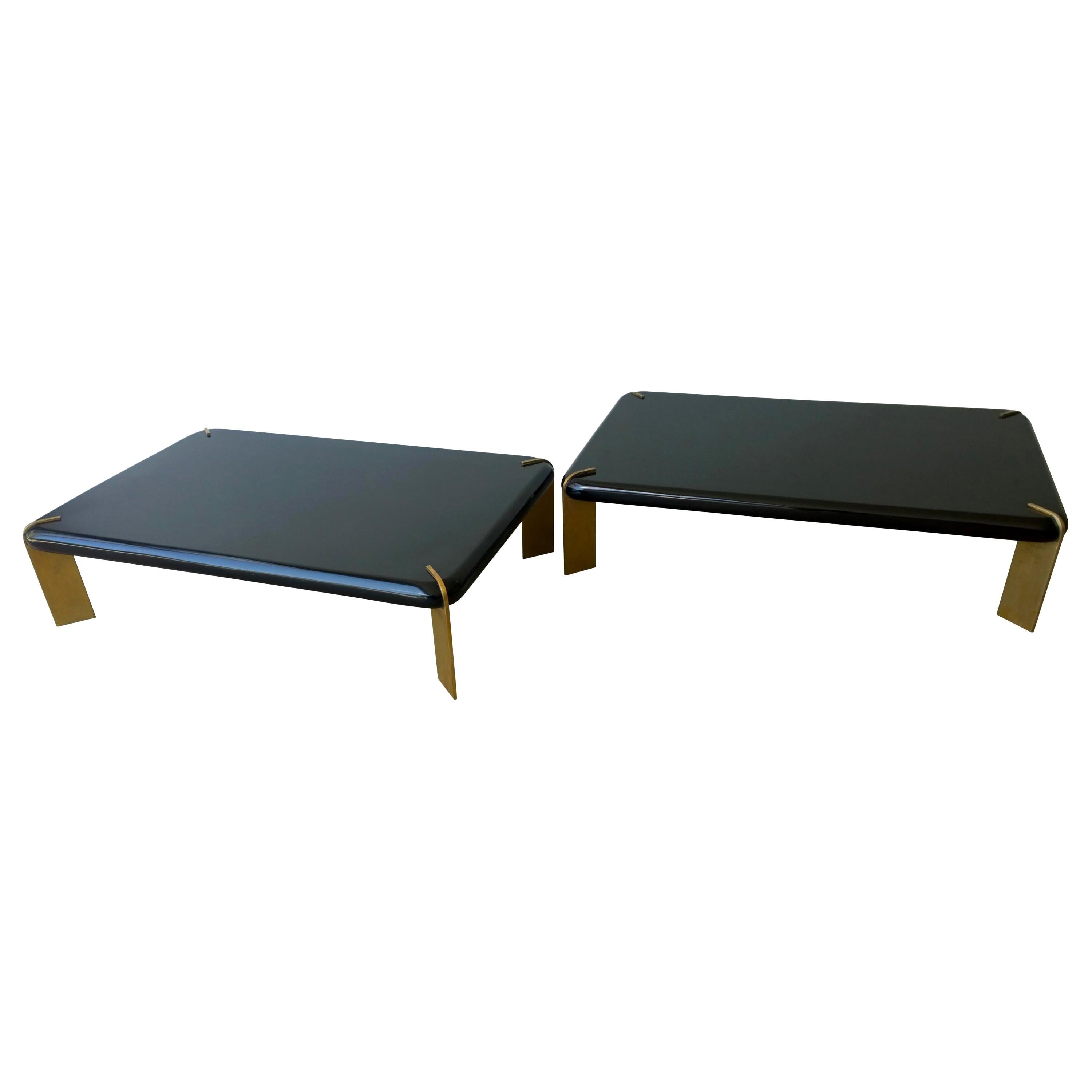 Two French Lacquered Black Wood and Four Bronze Legs Cocktail Coffee Tables For Sale