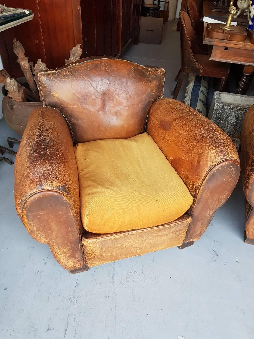 Set of two French leather club chairs from the 1930s with a fabric seat and both are in a robust condition.

The measurements are,
Depth 86 cm/ 33.8 inch.
Width 93 cm/ 36.6 inch.
Height 76 cm/ 29.9 inch.
Seat height 42 cm/ 16.5 inch.
 